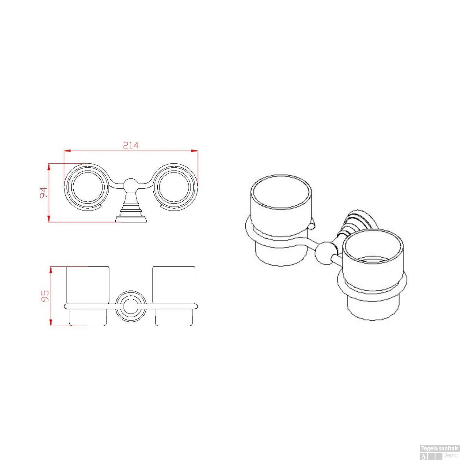 Dubbele Bekerhouder Sapho Diamond Hangend Brons / Melkglas 5 Dubbele Bekerhouder Sapho Diamond Hangend Brons / Melkglas - Afbeelding 3