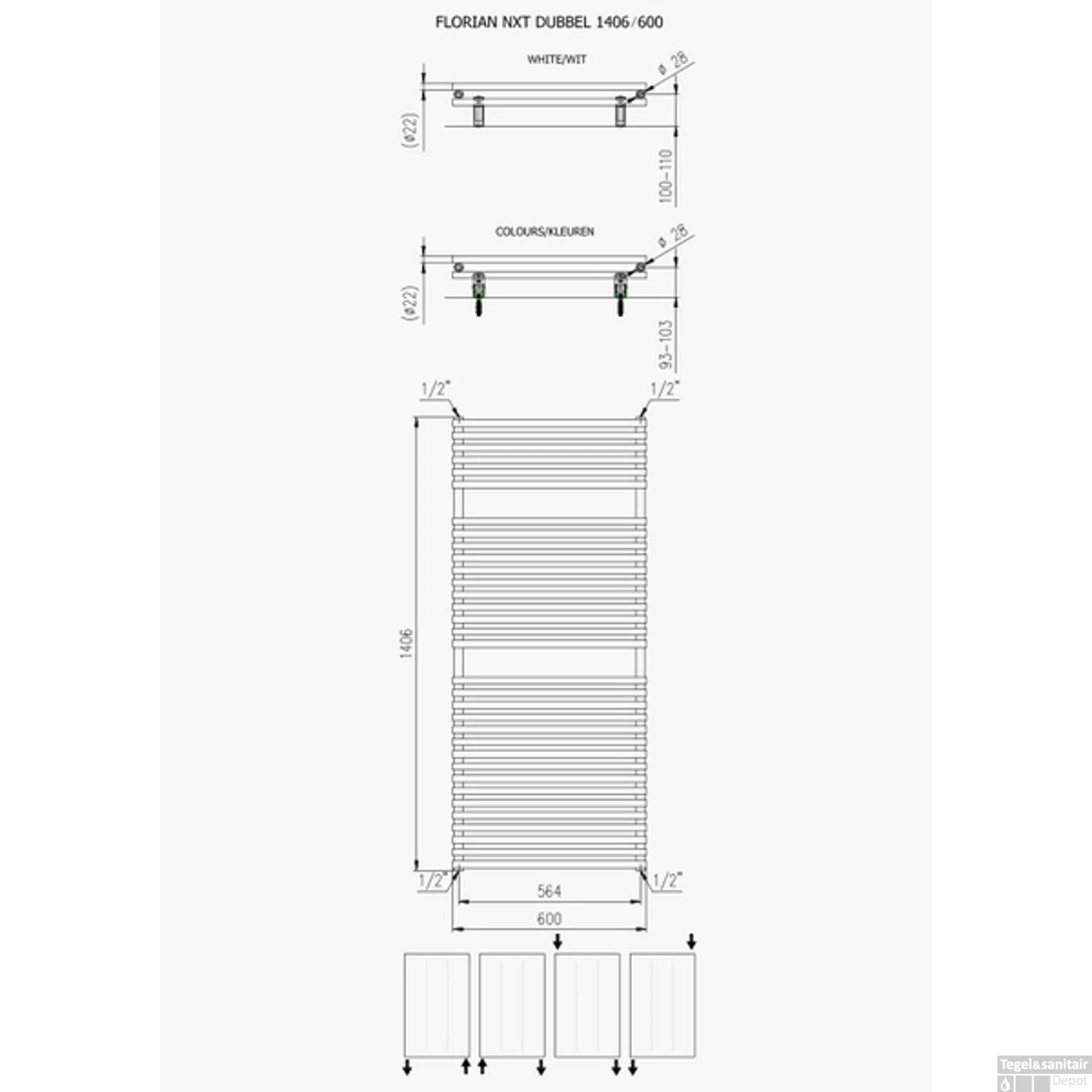 Handdoekradiator Florion Dubbel 1406 X 600 Mm Zwart 4 Handdoekradiator Florion Dubbel 1406 X 600 Mm Zwart - Afbeelding 2