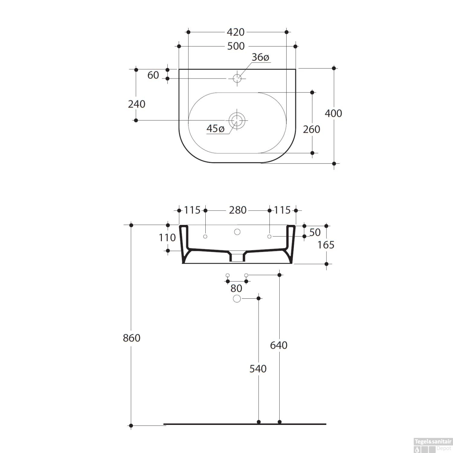 Wastafel Sapho Flo Ceramic Half Rond 50x40x16.5 Cm Keramiek Wit 8 Wastafel Sapho Flo Ceramic Half Rond 50x40x16.5 Cm Keramiek Wit - Afbeelding 6