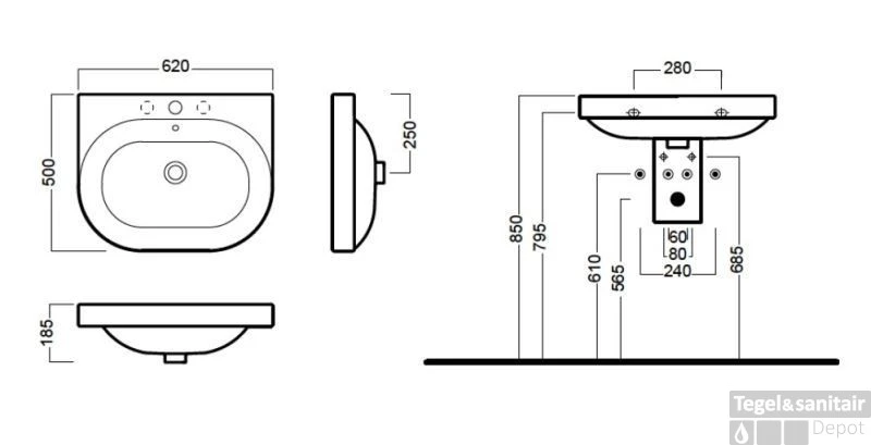 B&w-luxury Spring Wastafel 62x50 Cm. Met Kraangat En Overloop Wit 4 B&w-luxury Spring Wastafel 62x50 Cm. Met Kraangat En Overloop Wit - Afbeelding 2