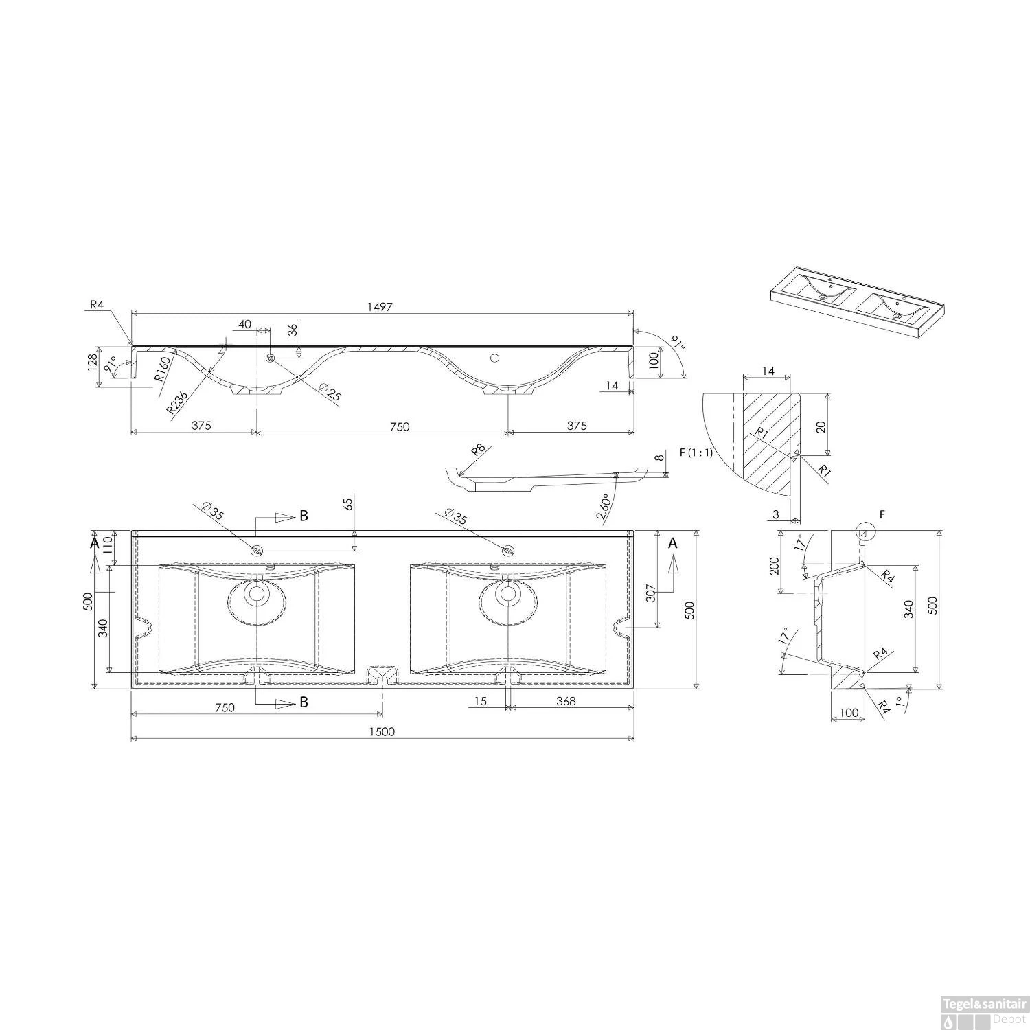 Wastafel Sapho Flavia Dubbel Rechthoek 150x50 Cm Cast Marble Wit - Afbeelding 8