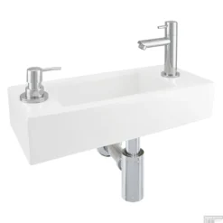 Fonteinset Differnz Sapon Rechts 44x18x9 Cm Geintegreerde Zeepdispenser Keramiek Wit (inclusief Verchroomde Kraan Sifon En Afvoer)