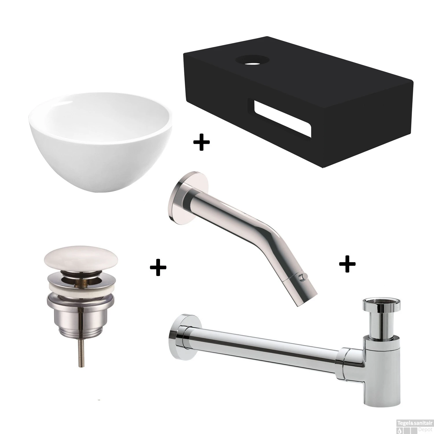 Waskomset Met Planchet BWS Rond 20x11 Cm Solid Surface Mat Zwart / Wit (inclusief Kraan, Afvoer En Sifon) 3 Waskomset Met Planchet BWS Rond 20x11 Cm Solid Surface Mat Zwart / Wit (inclusief Kraan, Afvoer En Sifon)