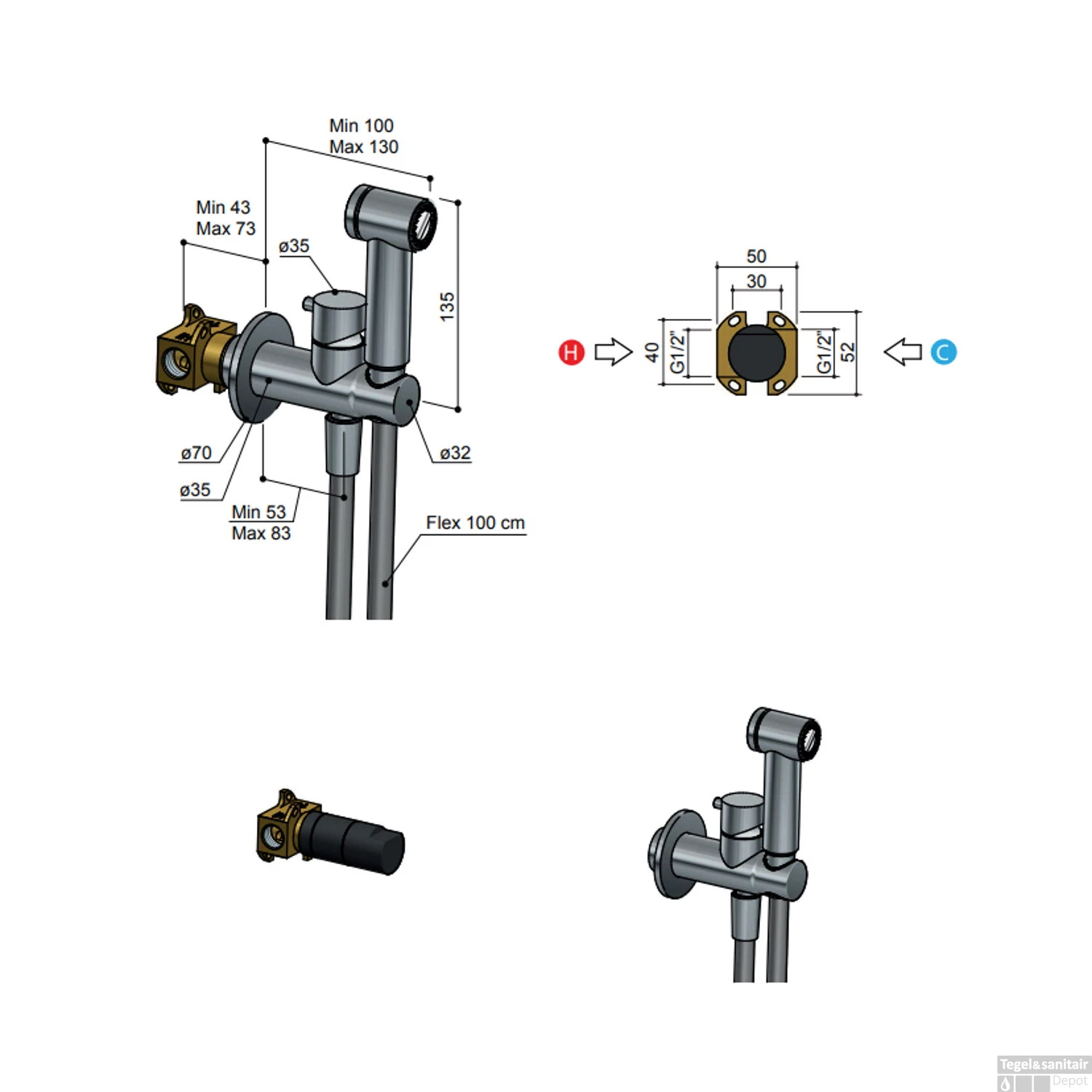 Afbouwdeel Bidetmengkraan Hotbath Cobber Met Doucheslang En Houder Geborsteld Messing 4 Afbouwdeel Bidetmengkraan Hotbath Cobber Met Doucheslang En Houder Geborsteld Messing - Afbeelding 2