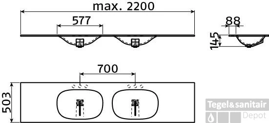 Wastafelblad Clou Hammock Dubbele Waskom 220cm Mat Wit 4 Wastafelblad Clou Hammock Dubbele Waskom 220cm Mat Wit - Afbeelding 2