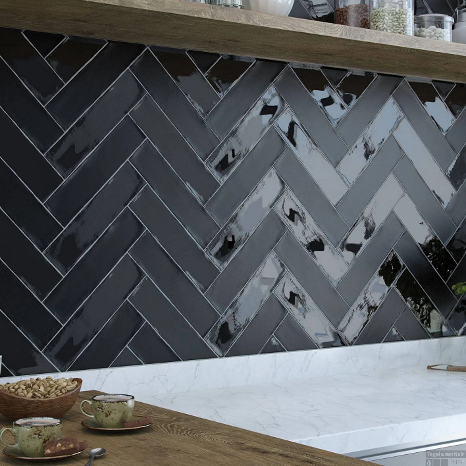 Wandtegel Colonial Black Glans 7.5x30 Cm Glans Zwart (doosinhoud 0.5 M2) 4 Wandtegel Colonial Black Glans 7.5x30 Cm Glans Zwart (doosinhoud 0.5 M2) - Afbeelding 2