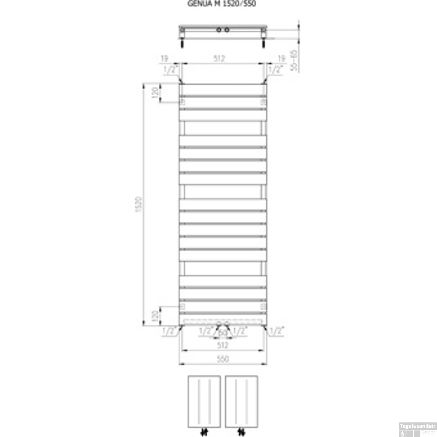 Designradiator Boss & Wessing Genuo Met Middenaansluiting 152 X 55 Cm 800 Watt Zandsteen - Afbeelding 2