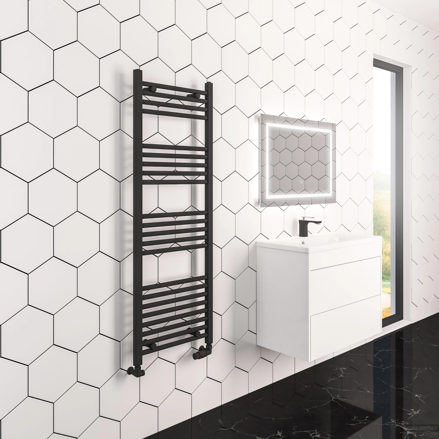 Radiator Boss & Wessing Wingrave 140x40 Cm Mat Zwart Zij-Onderaansluiting (571 Watt) - Afbeelding 3