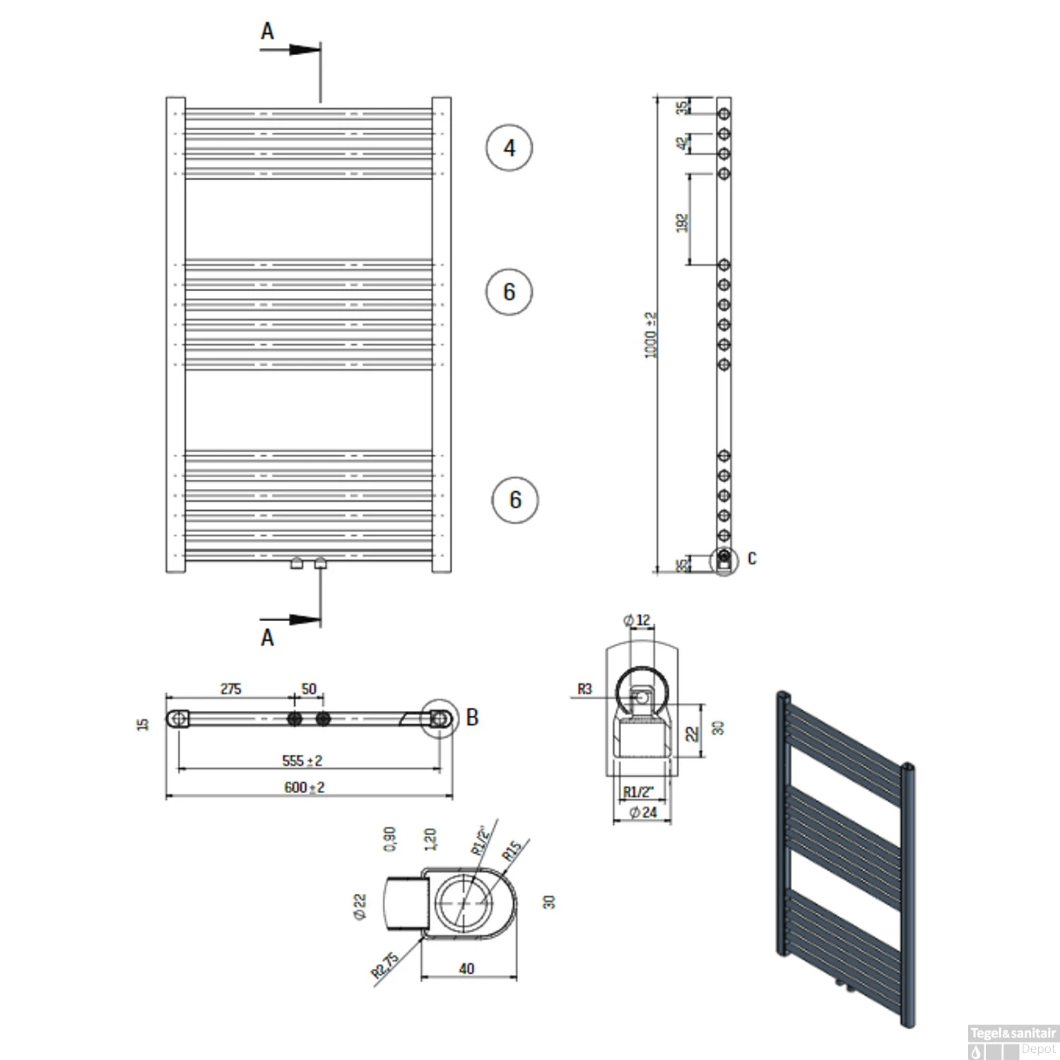Designradiator Boss & Wessing Nile Gobi 100x60cm 496W Wit (Midden Aansluiting) 4 Designradiator Boss & Wessing Nile Gobi 100x60cm 496W Wit (Midden Aansluiting) - Afbeelding 2