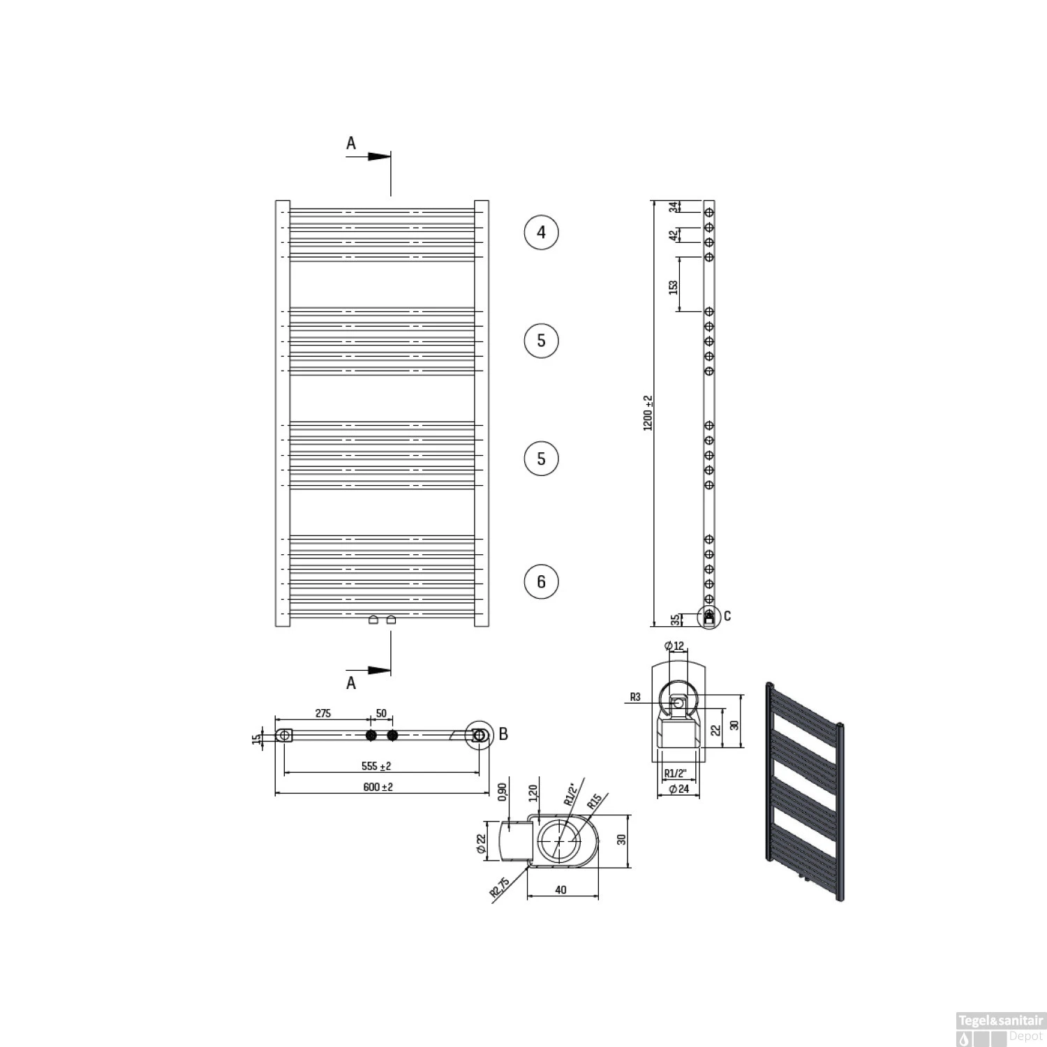 Designradiator Boss & Wessing Nile Gobi 120x60cm Geborsteld Mat Zwart Midden-Onderaansluiting 4 Designradiator Boss & Wessing Nile Gobi 120x60cm Geborsteld Mat Zwart Midden-Onderaansluiting - Afbeelding 2