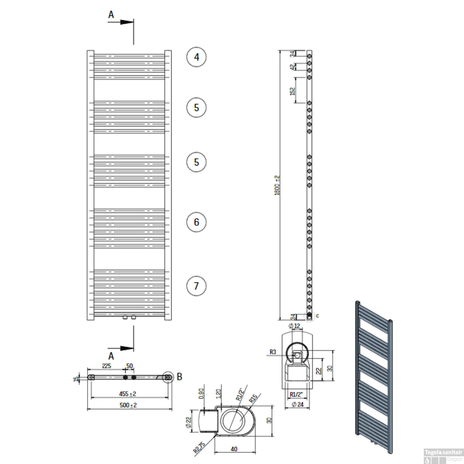 Designradiator Boss & Wessing Nile Gobi 160x50cm 721W Wit (Midden Aansluiting) 4 Designradiator Boss & Wessing Nile Gobi 160x50cm 721W Wit (Midden Aansluiting) - Afbeelding 2