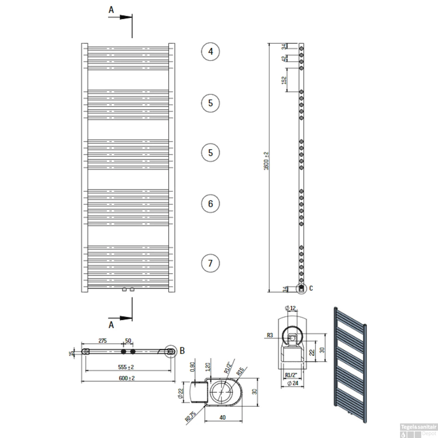 Designradiator Boss & Wessing Nile Gobi 160x60cm 712W Wit (Midden Aansluiting) 4 Designradiator Boss & Wessing Nile Gobi 160x60cm 712W Wit (Midden Aansluiting) - Afbeelding 2