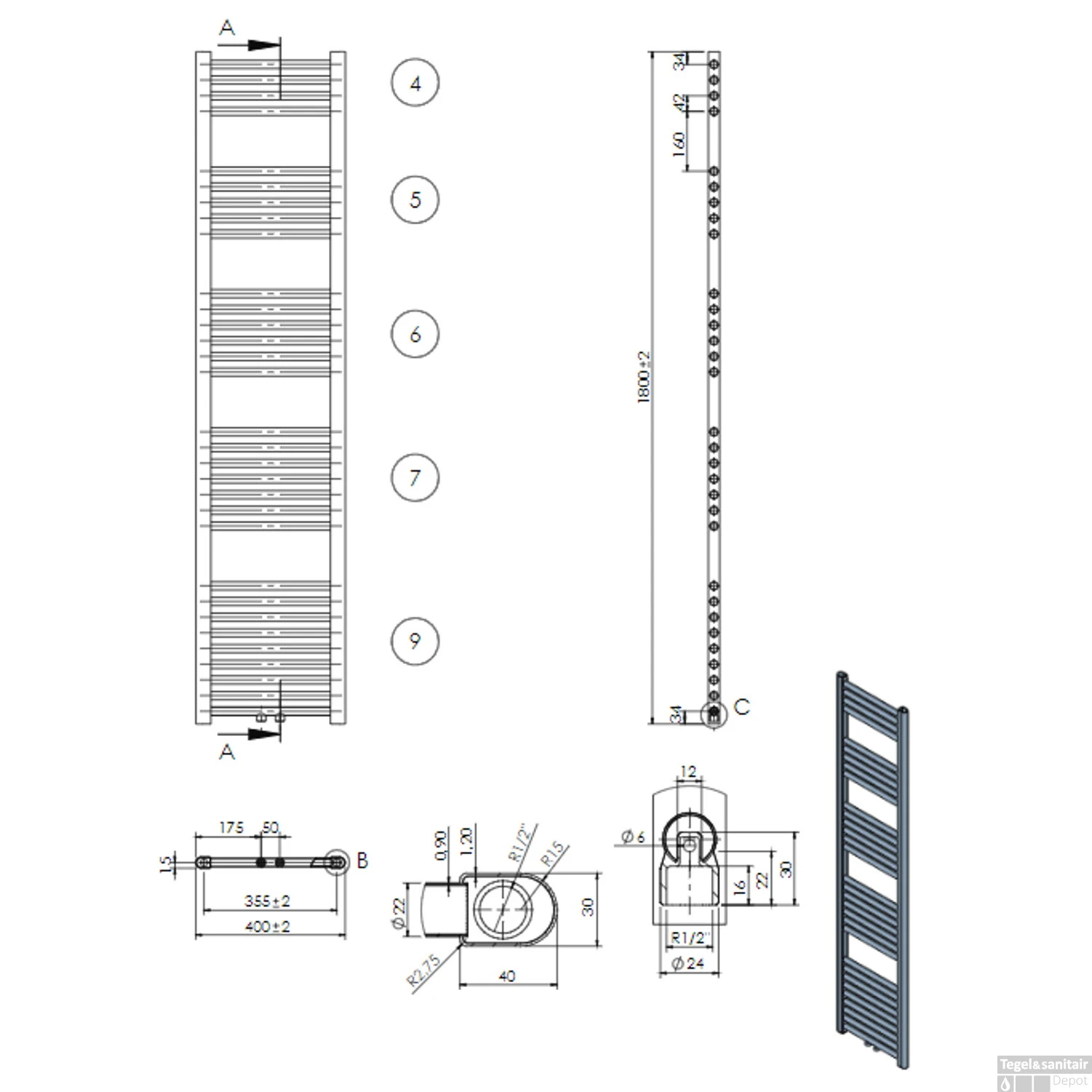 Designradiator Boss & Wessing Nile Gobi 180x40cm 699W Wit (Midden Aansluiting) 5 Designradiator Boss & Wessing Nile Gobi 180x40cm 699W Wit (Midden Aansluiting) - Afbeelding 3