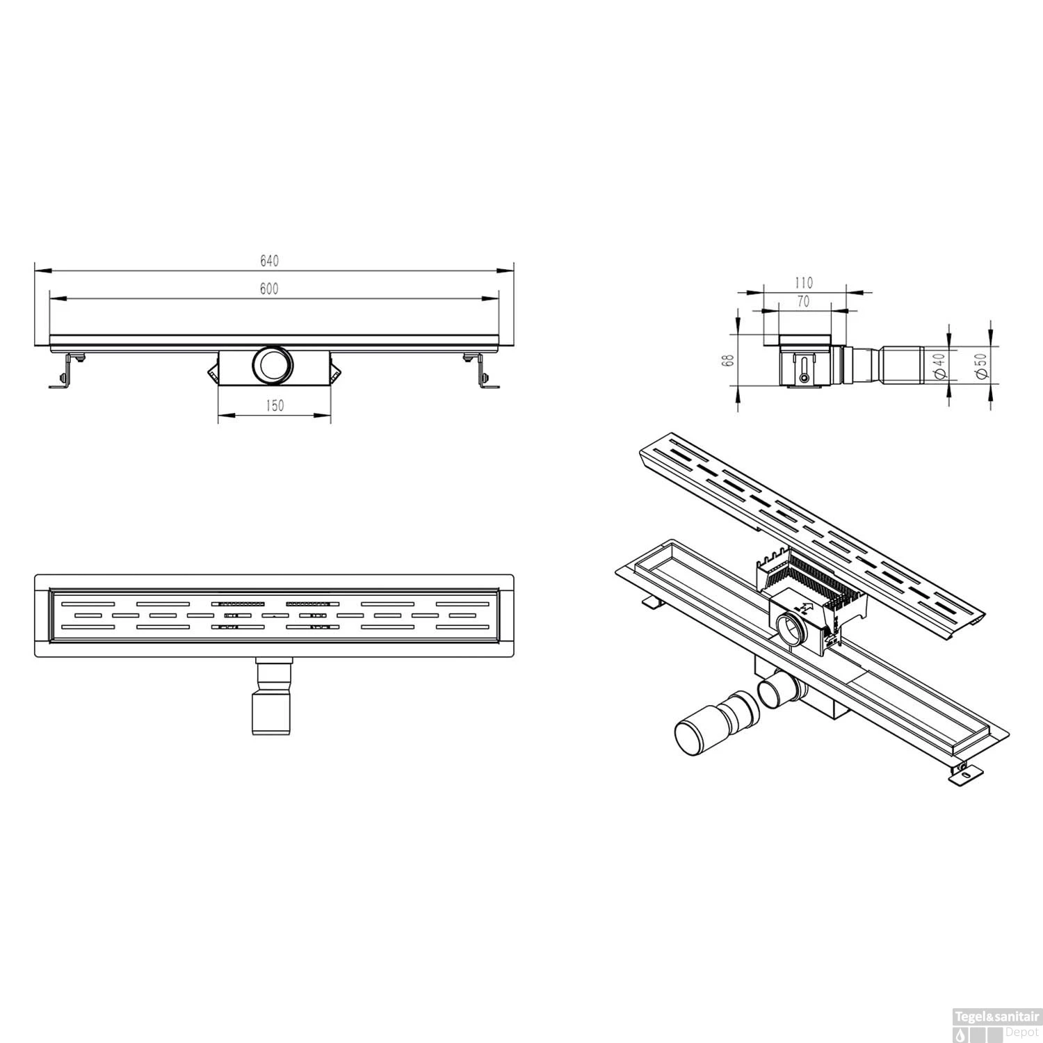 Douchegoot BWS Met Flens 60x7 Cm Mat Zwart 4 Douchegoot BWS Met Flens 60x7 Cm Mat Zwart - Afbeelding 2