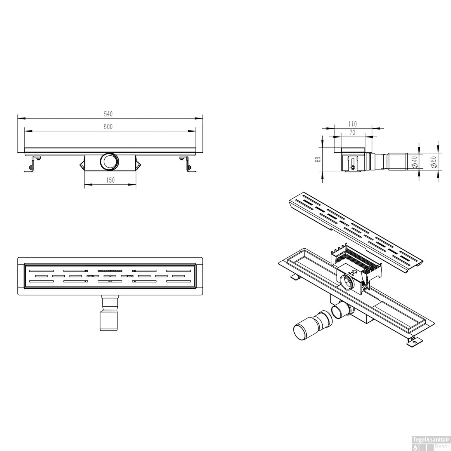 Douchegoot Wiesbaden Met Flens 50x7 Cm Mat Zwart 4 Douchegoot Wiesbaden Met Flens 50x7 Cm Mat Zwart - Afbeelding 2