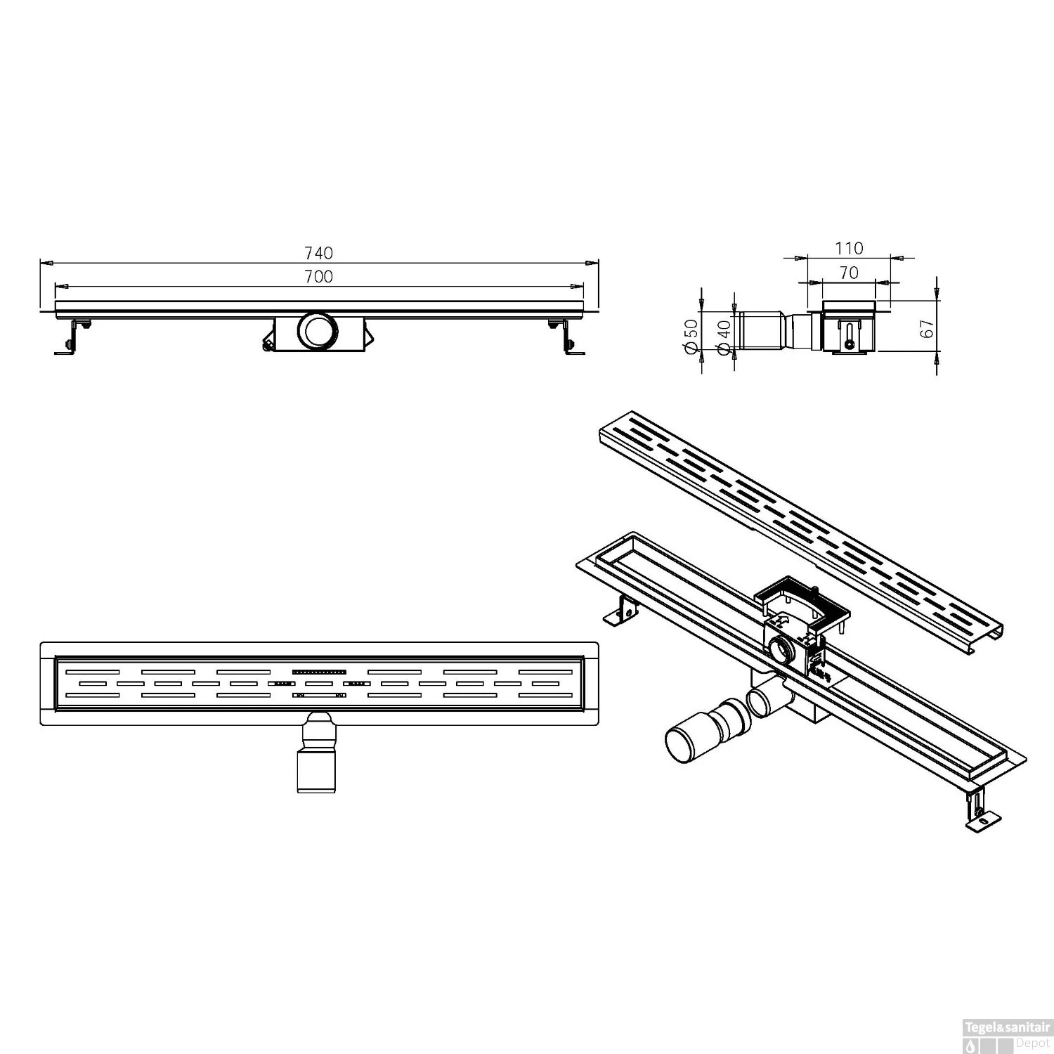 Douchegoot Wiesbaden Met Flens 70x7cm 6.7cm Diep Geborsteld Messing Goud 4 Douchegoot Wiesbaden Met Flens 70x7cm 6.7cm Diep Geborsteld Messing Goud - Afbeelding 2
