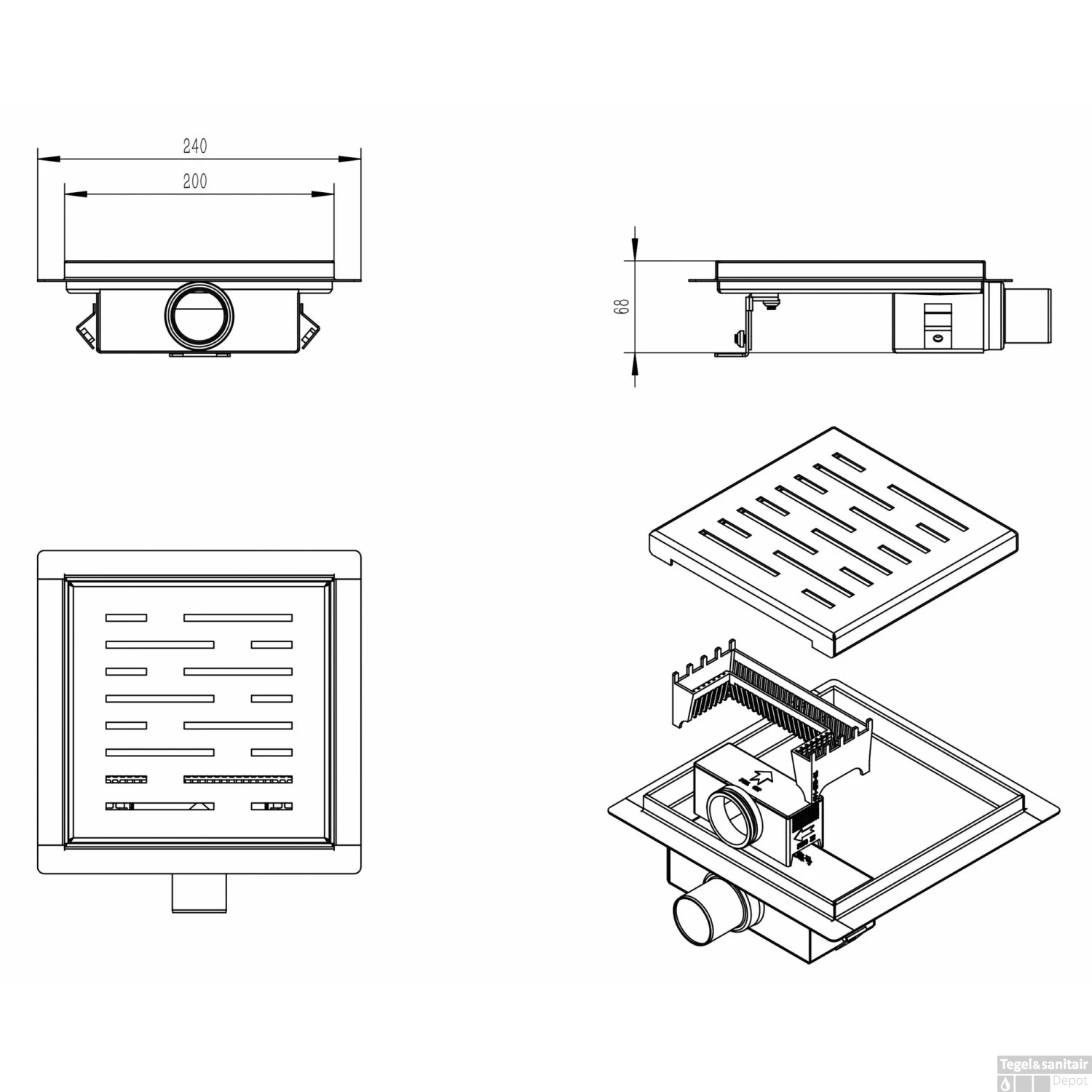 Doucheput Wiesbaden Met Flens En Zijuitlaat 20x20 Cm Mat Zwart 5 Doucheput Wiesbaden Met Flens En Zijuitlaat 20x20 Cm Mat Zwart - Afbeelding 3