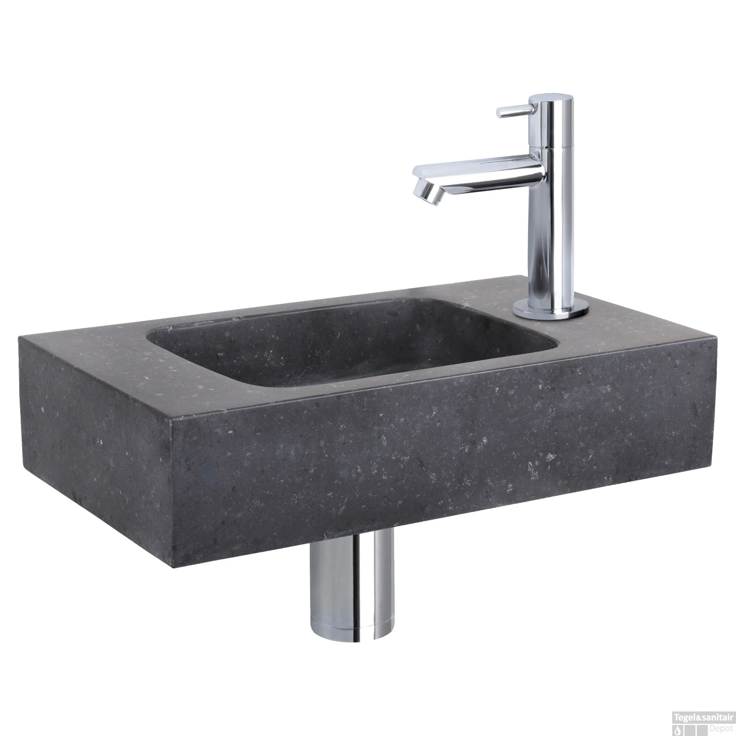 Fonteinset Differnz Bombai Natuursteen 40x22x9 Cm Zwart Met Rechte Kraan Chroom