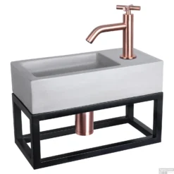 Fonteinset Differnz Ravo Beton En Handoekrek 38.5x18.5x9 Cm Licht Grijs Met Gebogen Kruis Kraan Rood Koper