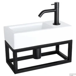 Fonteinset Differnz Ravo Keramiek Met Handoekrek 38.5x18.5x9 Cm Wit Met Gebogen Kraan Mat Zwart