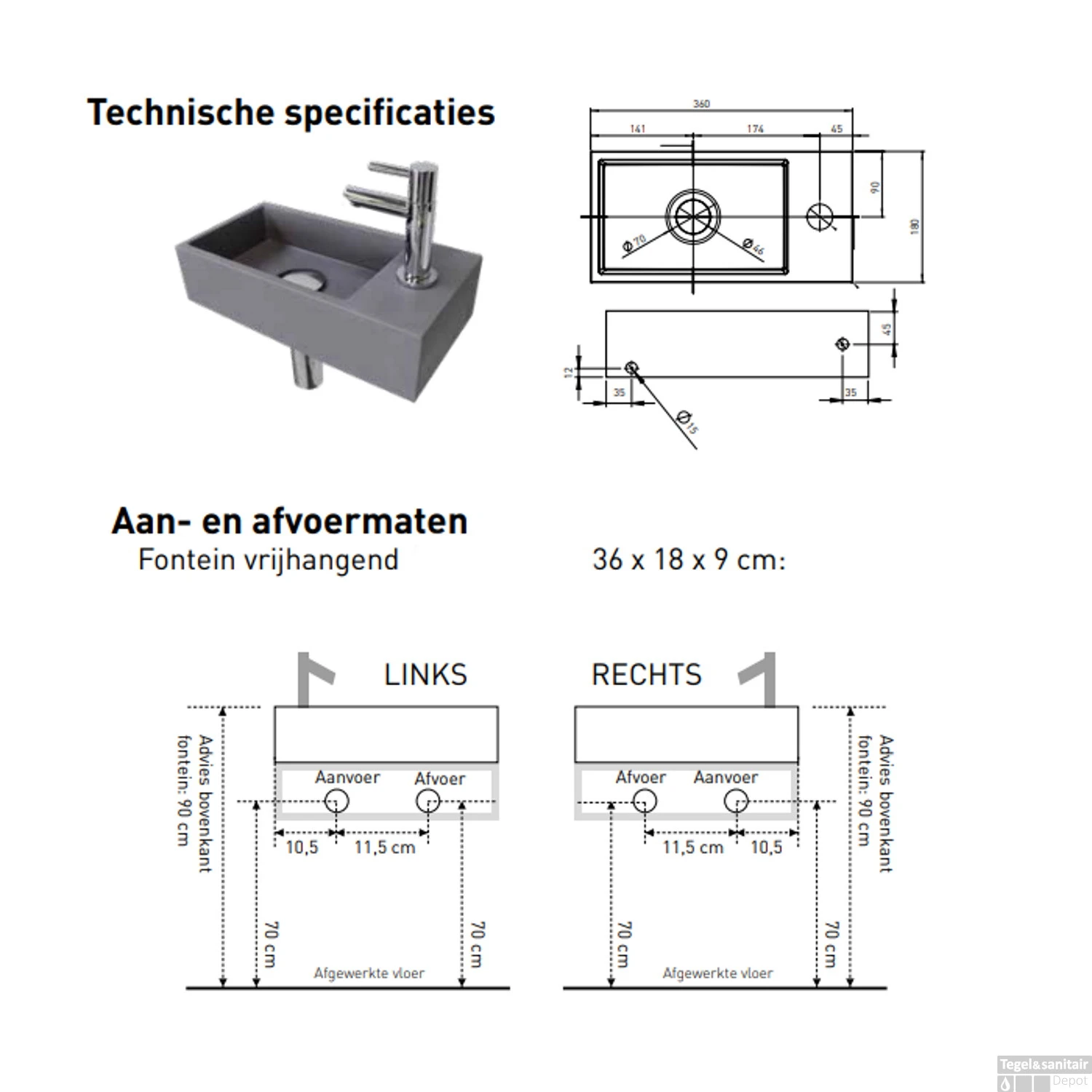 Fonteinset INK Versus 36x18x9cm Porselein Mat Wit Met Kraangat Rechts Mat Zwart - Afbeelding 5