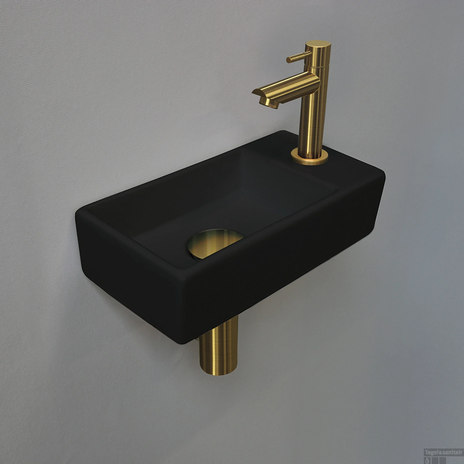 Fonteinset INK Versus 36x18x9cm Porselein Mat Zwart Met Kraangat Rechts Brushed Mat Goud
