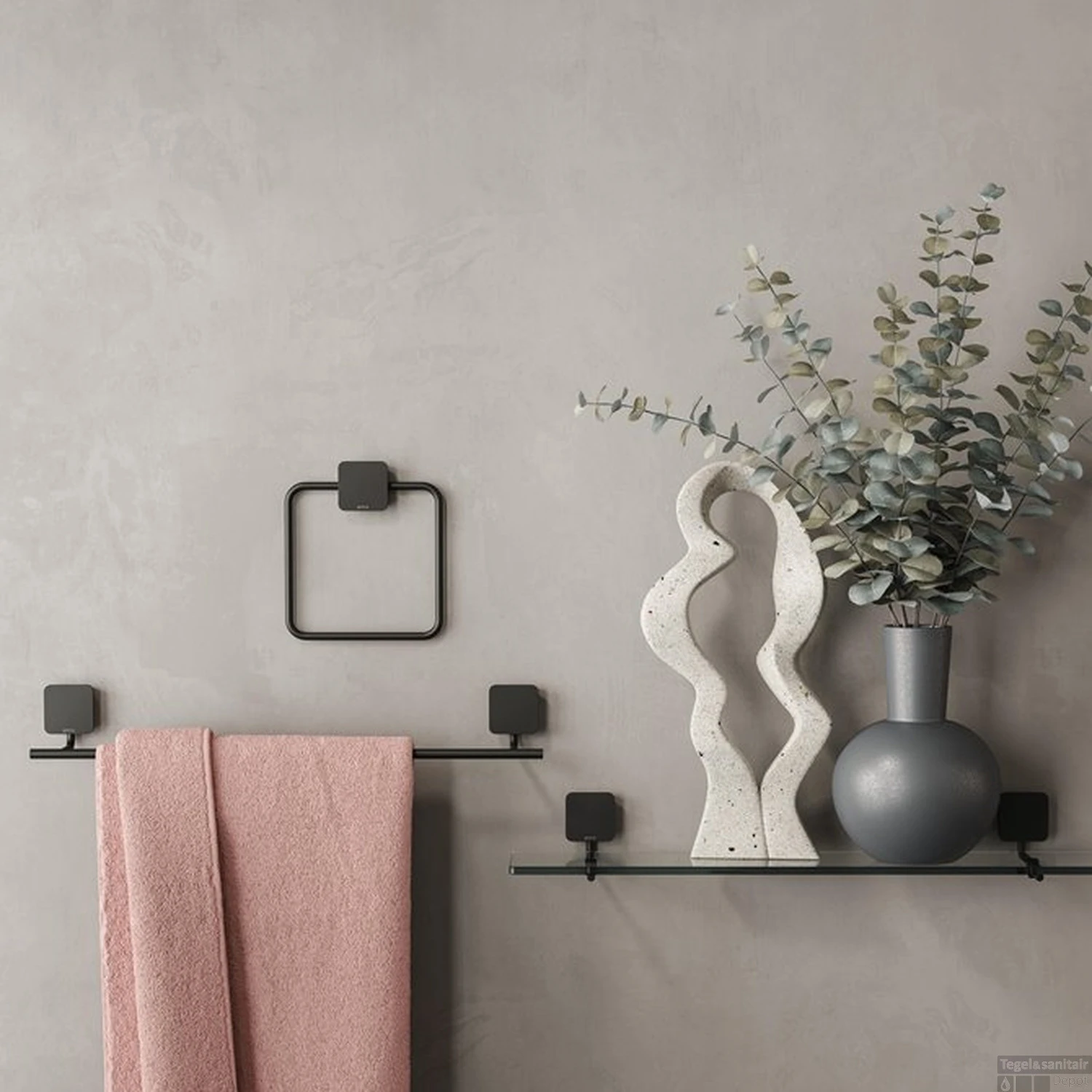 Handdoekring Geesa Topaz Vierkant Minimalistisch Mat Zwart 6 Handdoekring Geesa Topaz Vierkant Minimalistisch Mat Zwart - Afbeelding 4