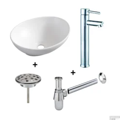 Waskomset BWS Ovaal 40x33x14.5 Cm Keramiek Mat Wit / Chroom (inclusief Kraan, Afvoer En Sifon)