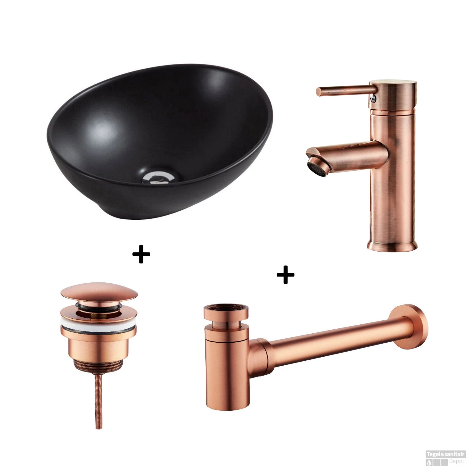 Waskomset BWS Ovaal 40x33x14.5 Cm Keramiek Mat Zwart / Koper (inclusief Kraan, Afvoer En Sifon)