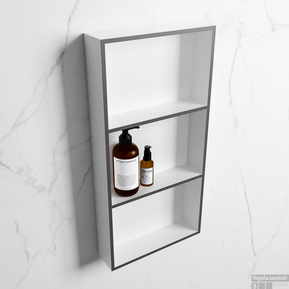 MONDIAZ EASY Nis 59,5x29,5cm In Solid Surface Kleur DarkGrey | Talc. 3 Vakken Geschikt Voor In- Of Opbouw 4 MONDIAZ EASY Nis 59,5x29,5cm In Solid Surface Kleur DarkGrey | Talc. 3 Vakken Geschikt Voor In- Of Opbouw - Afbeelding 2