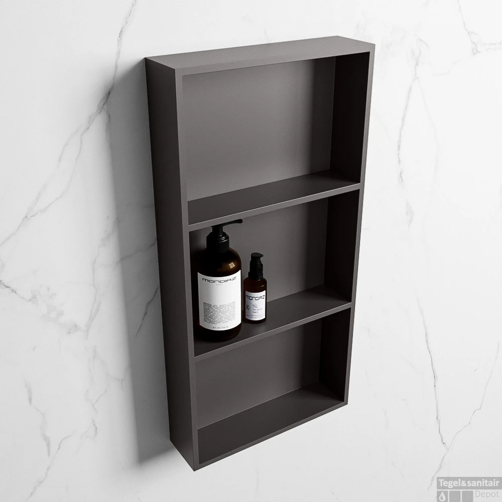 MONDIAZ EASY Nis 59,5x29,5cm In Solid Surface Kleur DarkGrey | DarkGrey. 3 Vakken Geschikt Voor In- Of Opbouw 4 MONDIAZ EASY Nis 59,5x29,5cm In Solid Surface Kleur DarkGrey | DarkGrey. 3 Vakken Geschikt Voor In- Of Opbouw - Afbeelding 2