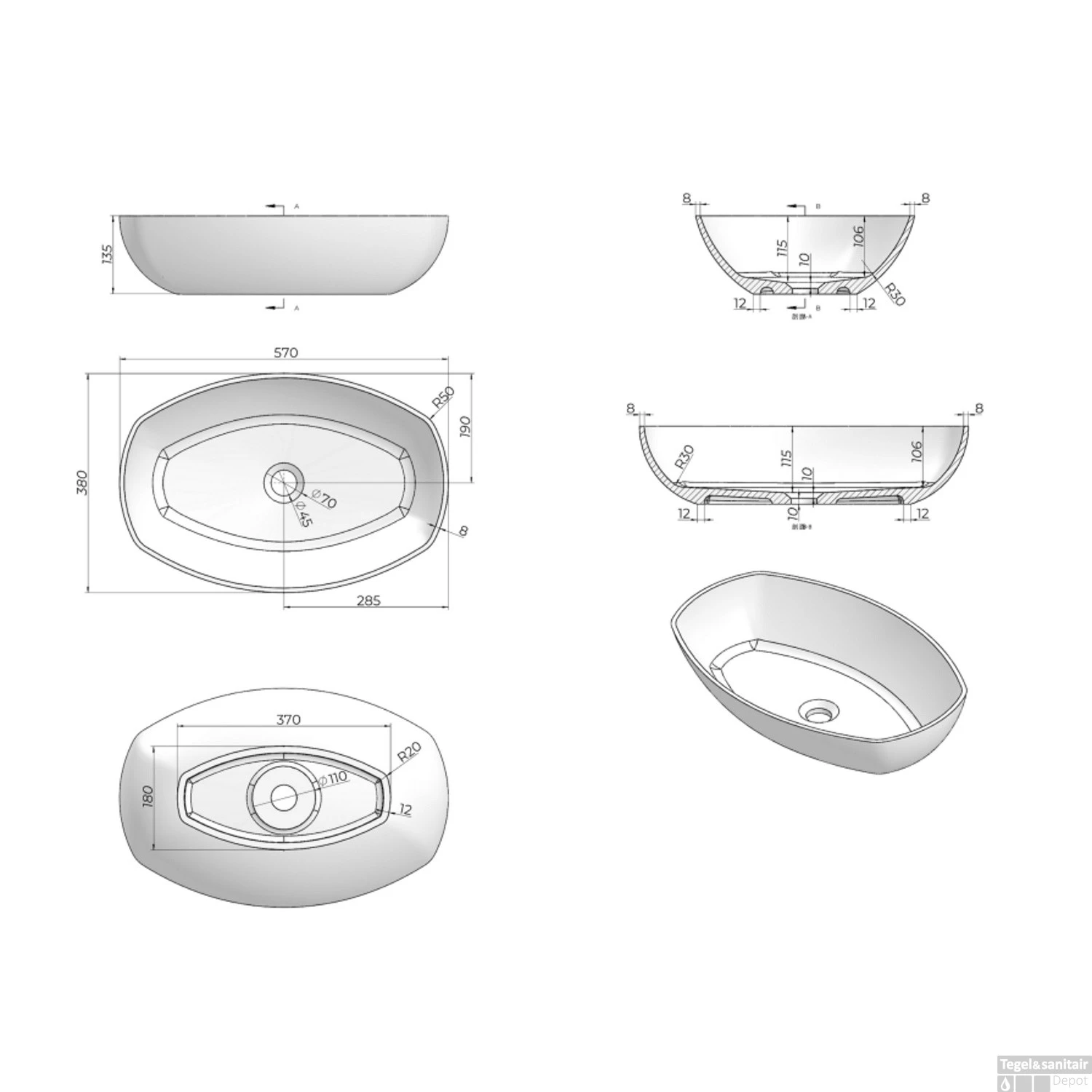 Opzetwastafel Luca Sanitair Danish Oval 57x38x13,5 Mineral Stone Glans Wit 4 Opzetwastafel Luca Sanitair Danish Oval 57x38x13,5 Mineral Stone Glans Wit - Afbeelding 2