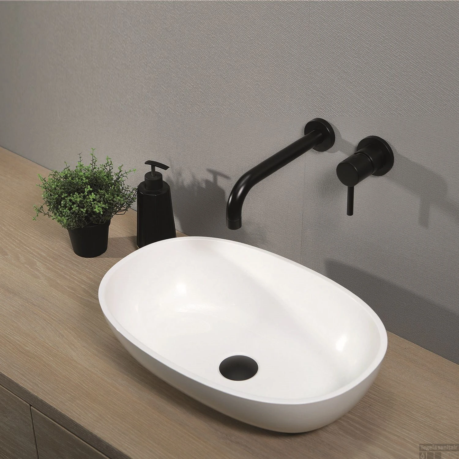 Opzetwastafel Luca Sanitair Ovaal 48x32.5x13.5 Mineral Stone Glans Wit 4 Opzetwastafel Luca Sanitair Ovaal 48x32.5x13.5 Mineral Stone Glans Wit - Afbeelding 2