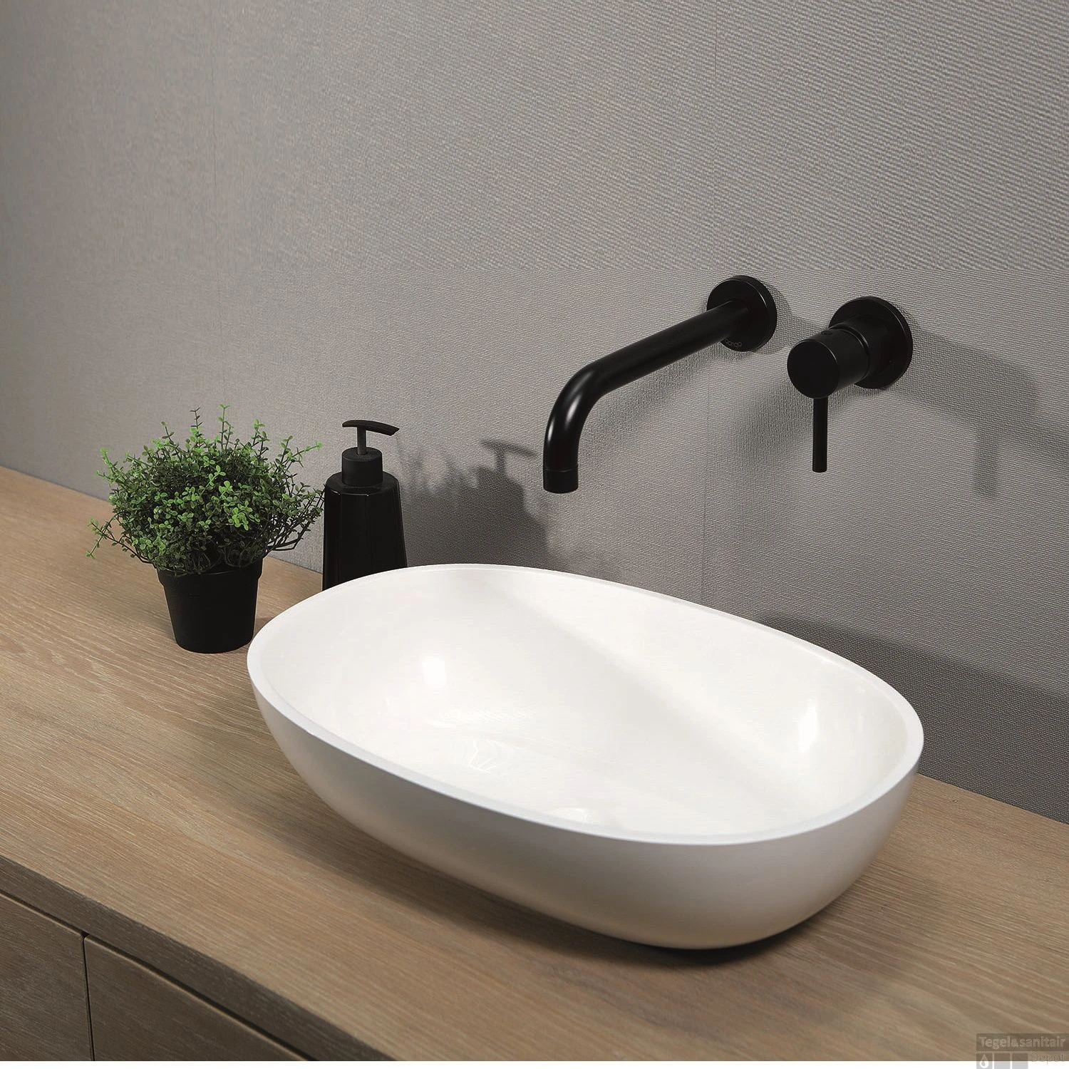 Opzetwastafel Luca Sanitair Ovaal 48x32.5x13.5 Mineral Stone Glans Wit 5 Opzetwastafel Luca Sanitair Ovaal 48x32.5x13.5 Mineral Stone Glans Wit - Afbeelding 3