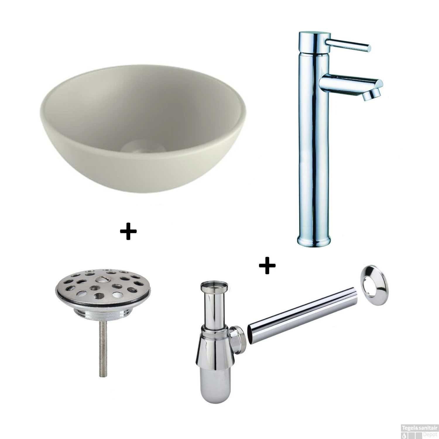 Waskomset BWS Rond 26x12 Cm Keramiek Mat Wit / Chroom (inclusief Kraan, Afvoer En Sifon)