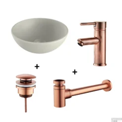 Waskomset BWS Rond 26x12 Cm Keramiek Mat Wit / Koper (inclusief Kraan, Afvoer En Sifon)