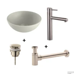 Waskomset BWS Rond 26x12 Cm Keramiek Mat Wit / RVS (inclusief Kraan, Afvoer En Sifon)