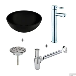 Waskomset BWS Rond 26x12 Cm Keramiek Mat Zwart / Chroom (inclusief Kraan, Afvoer En Sifon)