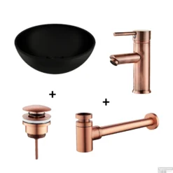 Waskomset BWS Rond 26x12 Cm Keramiek Mat Zwart / Koper (inclusief Kraan, Afvoer En Sifon)