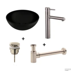 Waskomset BWS Rond 26x12 Cm Keramiek Mat Zwart / RVS (inclusief Kraan, Afvoer En Sifon)