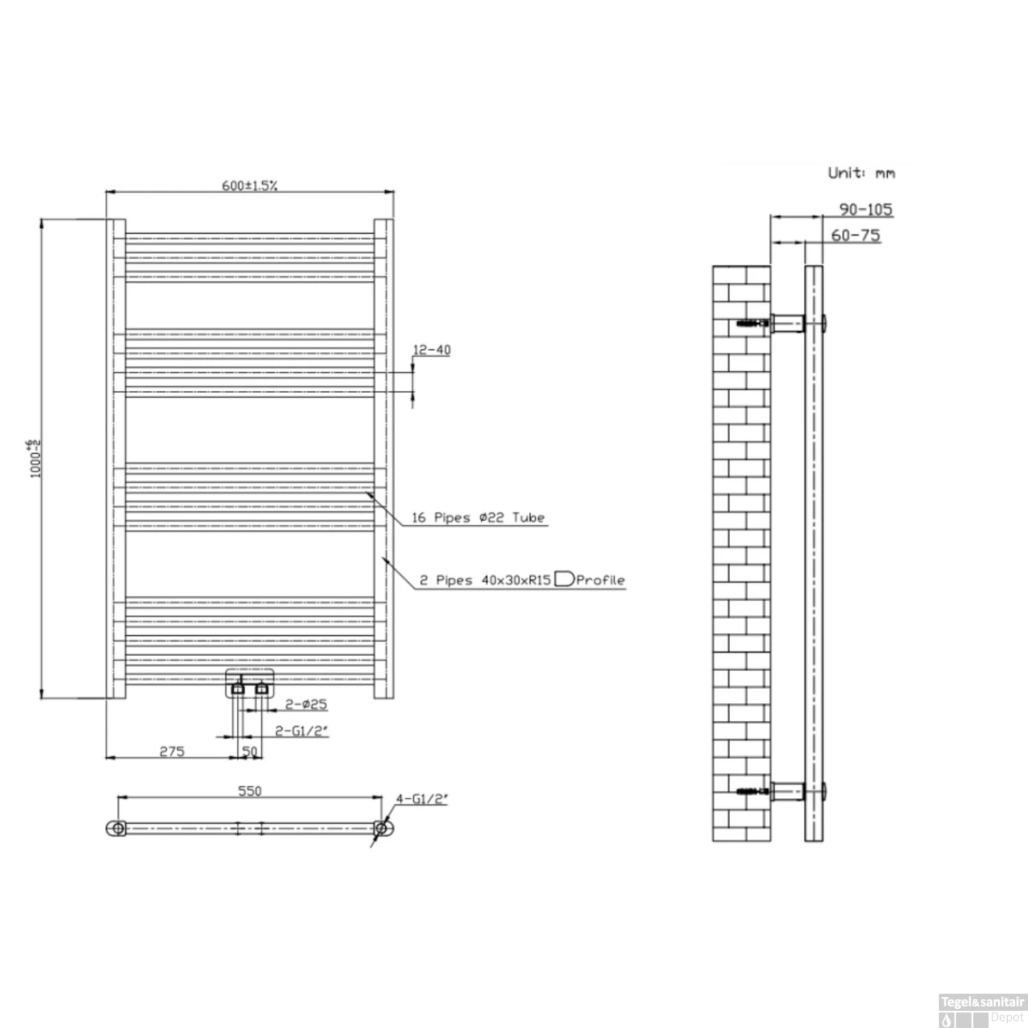 Radiator Boss & Wessing Saniro 60x100cm Middenaansluiting Wit 6 Radiator Boss & Wessing Saniro 60x100cm Middenaansluiting Wit - Afbeelding 4