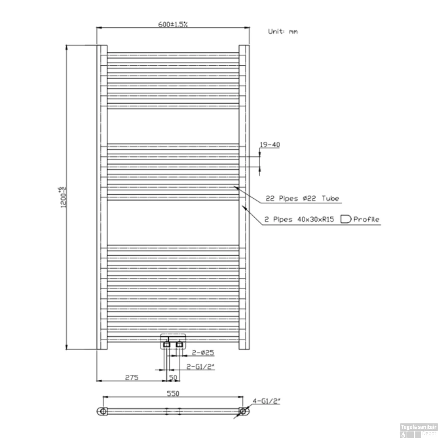 Radiator Boss & Wessing Saniro 60x120cm Middenaansluiting Mat Zwart 7 Radiator Boss & Wessing Saniro 60x120cm Middenaansluiting Mat Zwart - Afbeelding 5