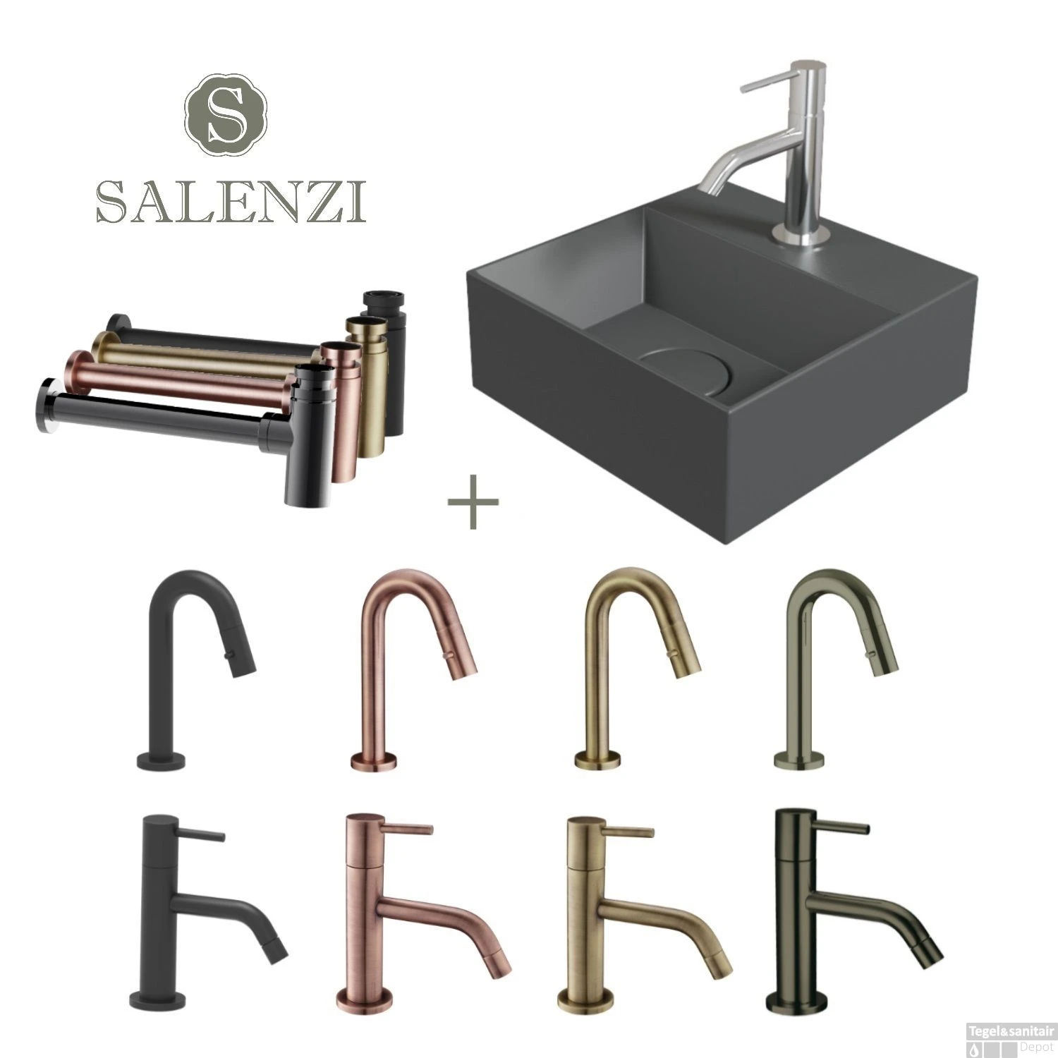 Salenzi Fonteinset Spy 30x30 Cm Mat Antraciet (Keuze Uit 8 Kranen In 4 Kleuren)