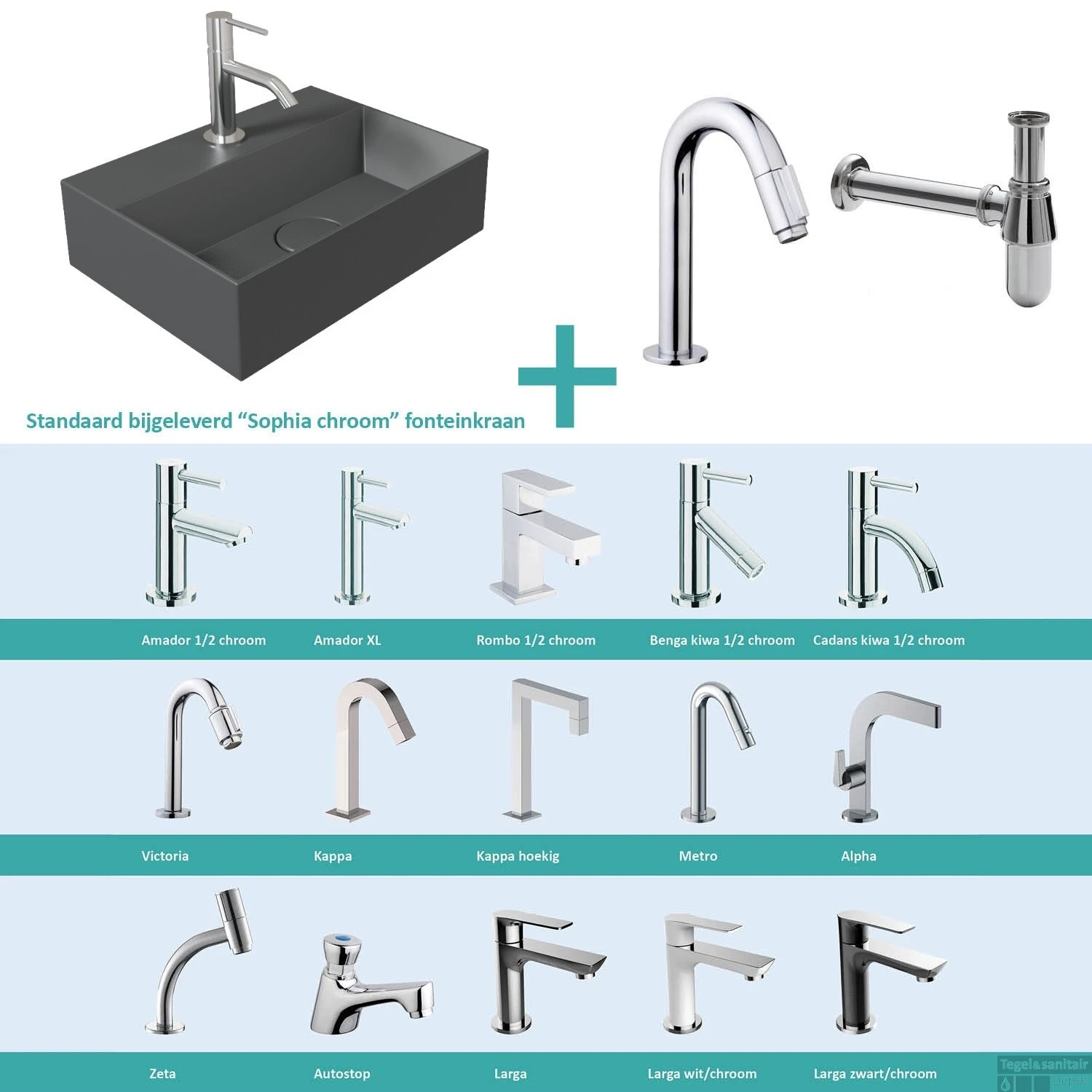 Salenzi Fonteinset Spy Mat Antraciet 40x30 Cm Chroom (Keuze Uit 20 Kranen)