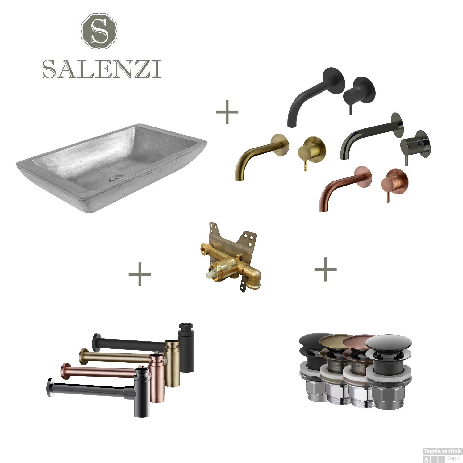 Salenzi Waskomset Beton 59x34x13 Cm Rechthoekig Mat Grijs (Keuze Uit 4 Kleuren Kranen)