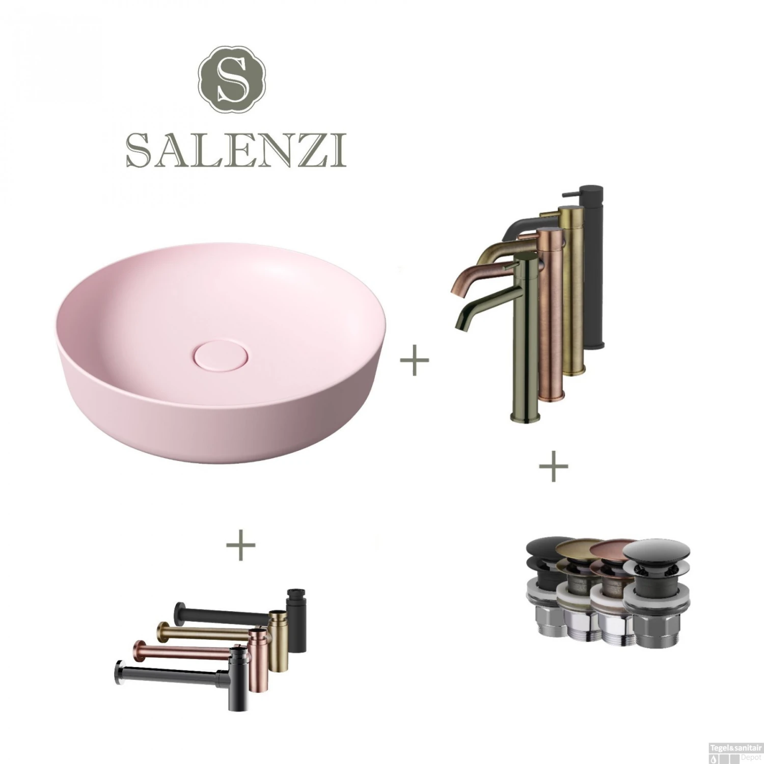 Salenzi Waskomset Form 45x12 Cm Incl Hoge Kraan Mat Roze (Keuze Uit 4 Kleuren Kranen)