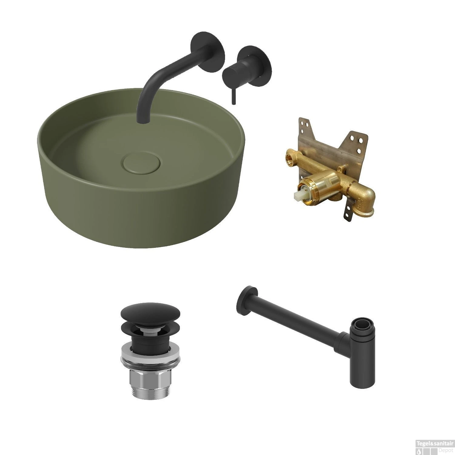 Salenzi Waskomset Hide Circle 40x12 Cm Mat Legergroen (Keuze Uit 4 Kleuren Kranen) 4 Salenzi Waskomset Hide Circle 40x12 Cm Mat Legergroen (Keuze Uit 4 Kleuren Kranen) - Afbeelding 2