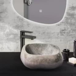 Waskom BWS Stone Rond 30-35x15x1,5 Cm Gepolijst Riviersteen Grijs