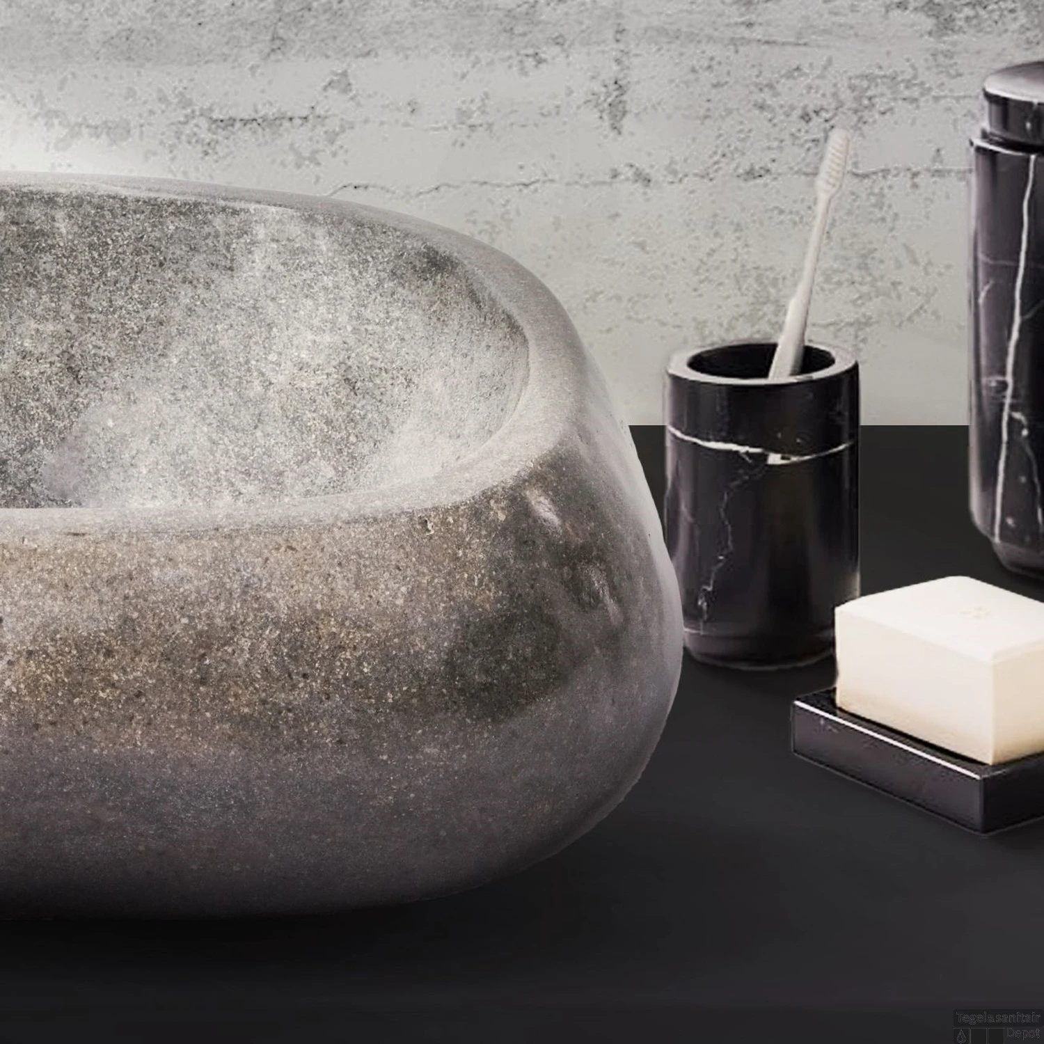 Waskom BWS Stone Rond 30-35x15x1,5 Cm Gepolijst Riviersteen Grijs 4 Waskom BWS Stone Rond 30-35x15x1,5 Cm Gepolijst Riviersteen Grijs - Afbeelding 2