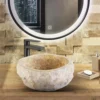 Waskom BWS Stone Rond 35x35x15 Cm Met Gepolijste Binnenzijde Natuursteen Creme